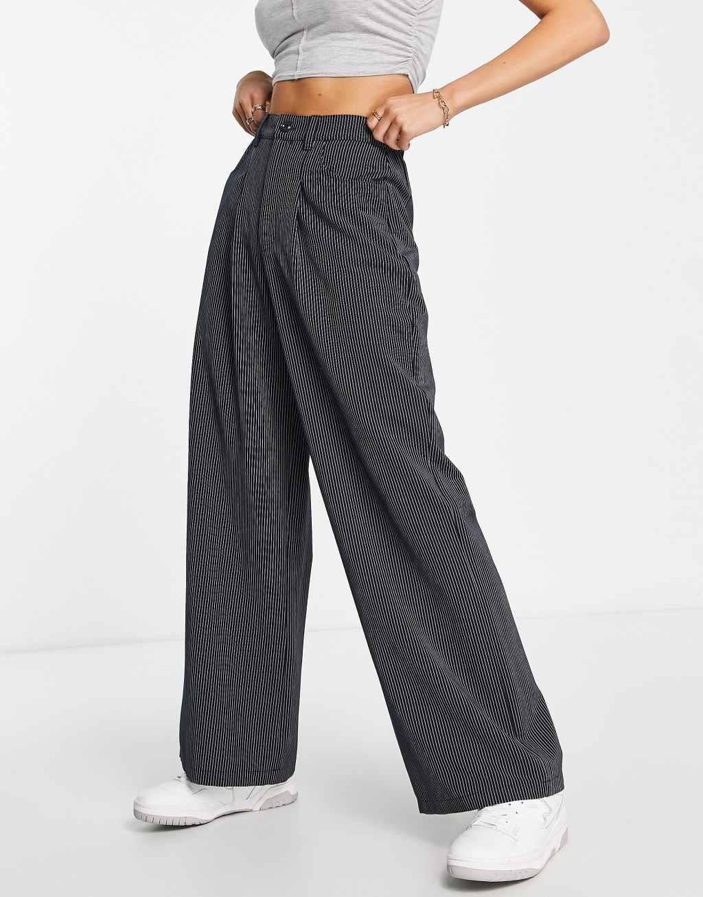 ASOS DESIGN wide leg dad pants in navy stripe  Product Image