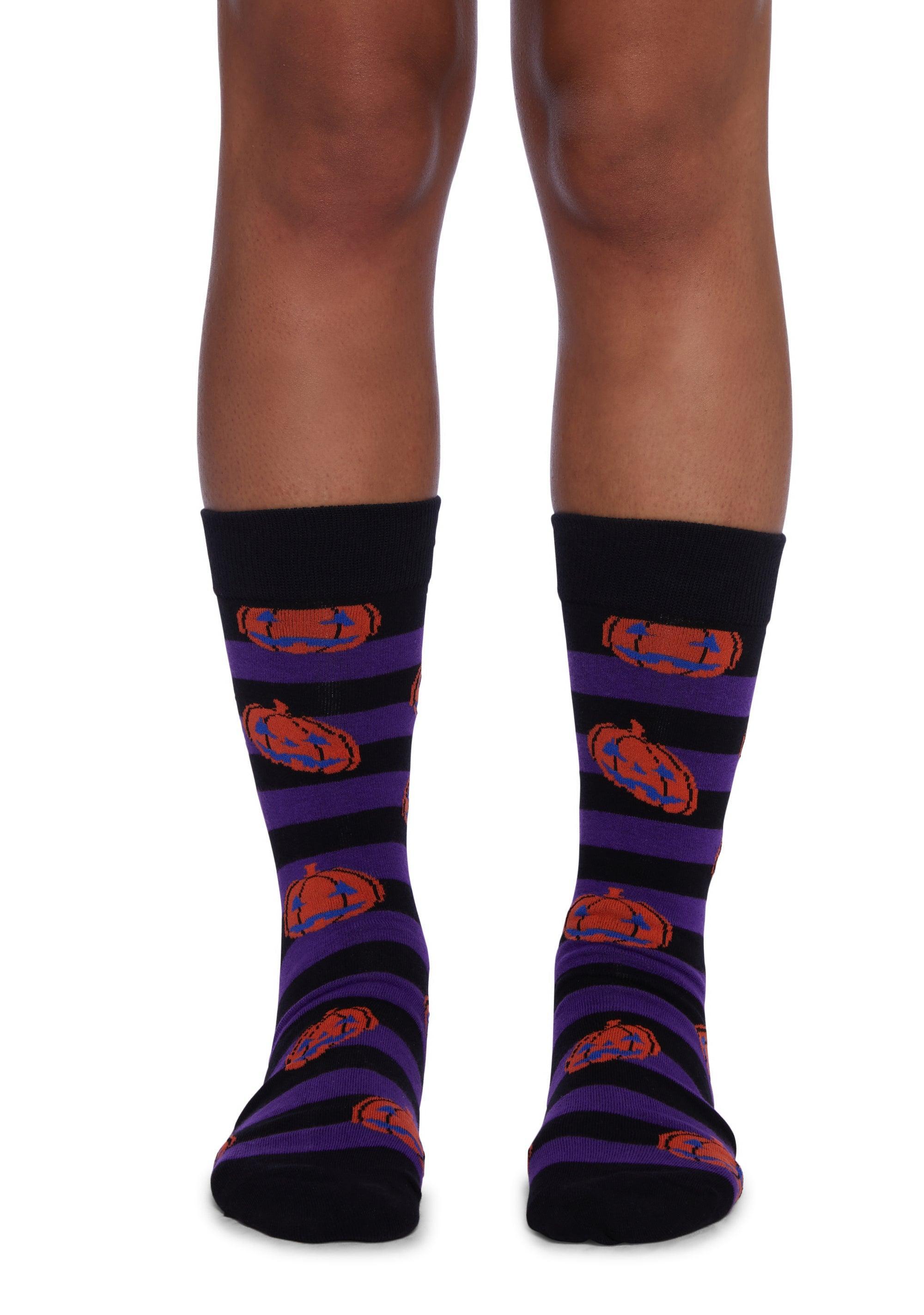 Halloween Striped Pumpkin Crew Socks - Purple Product Image