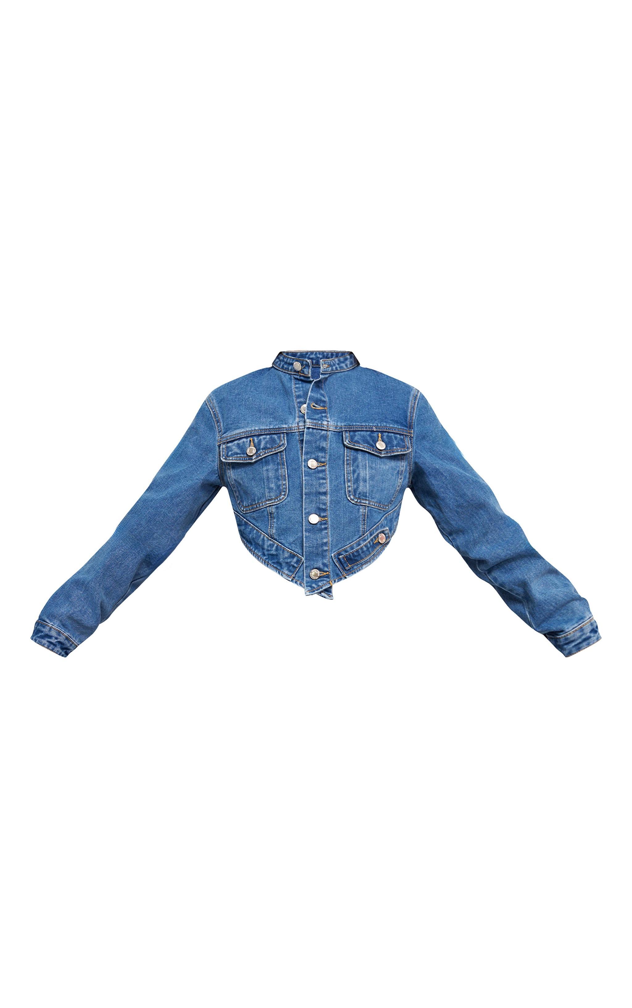 Mid Blue Wash Hanky Hem Cropped Denim Jacket Product Image