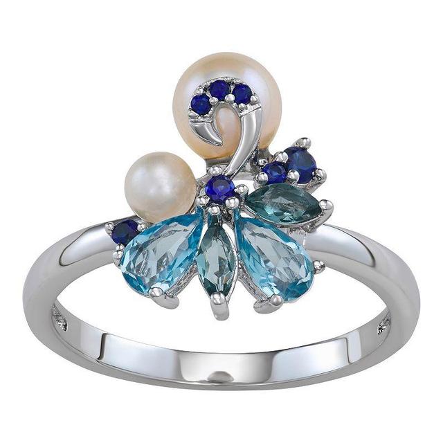 Sterling Silver Freshwater Cultured Pearl Blue Topaz & Lab-Created Sapphire Cluster Ring, Womens Product Image