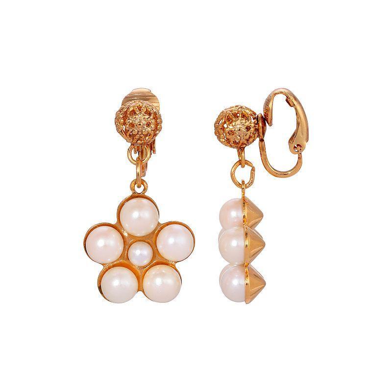 1928 Gold Tone Filigree Faux Pearl Flower Clip-On Earrings, Womens, White Product Image