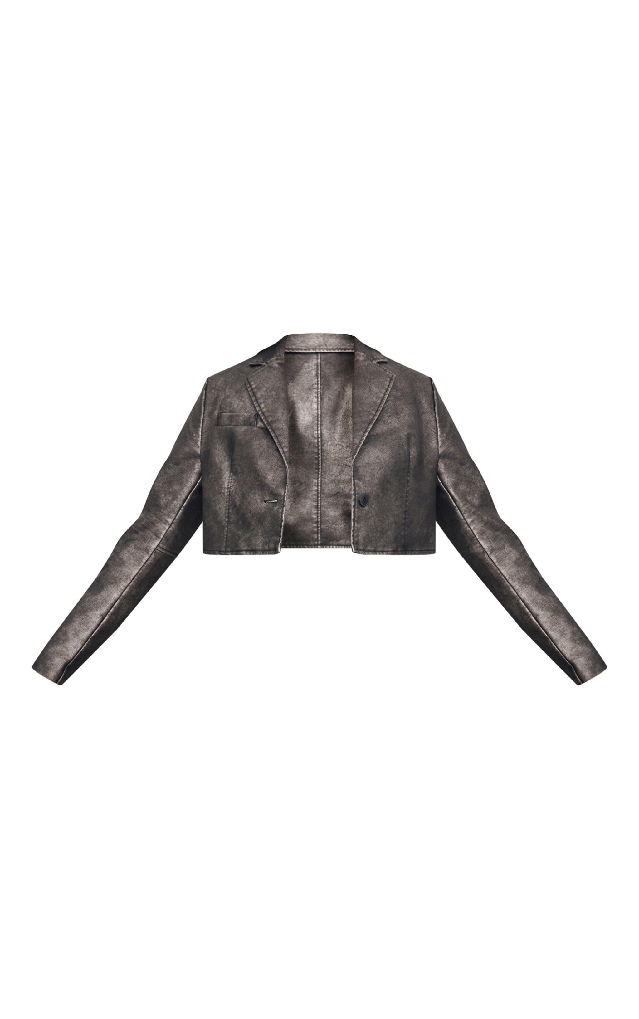 Grey Distressed Faux Leather Crop Jacket Product Image