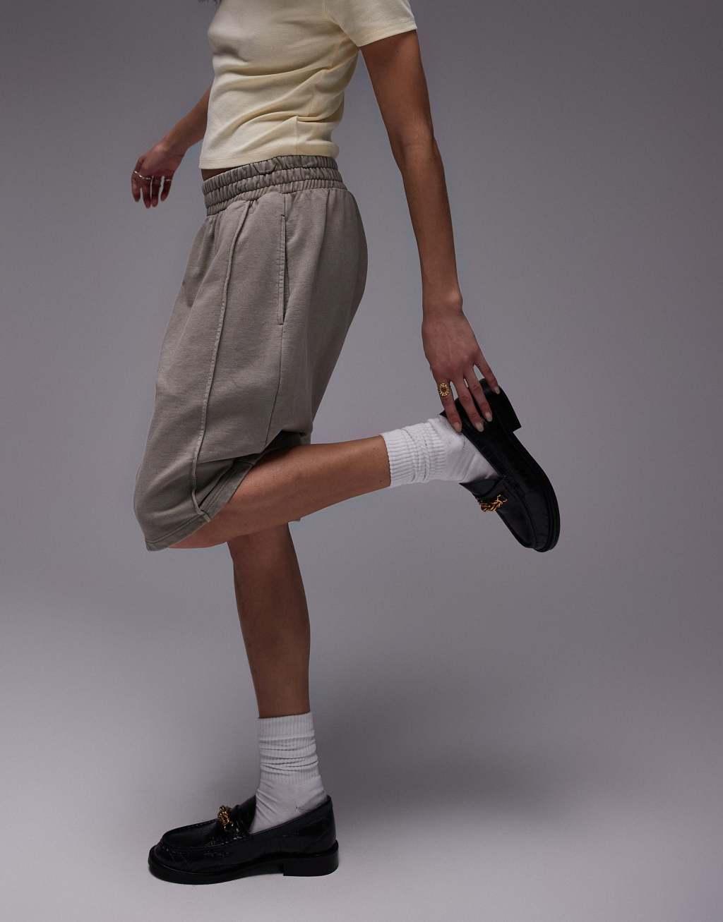 Topshop acid wash longline shorts in washed khaki Product Image