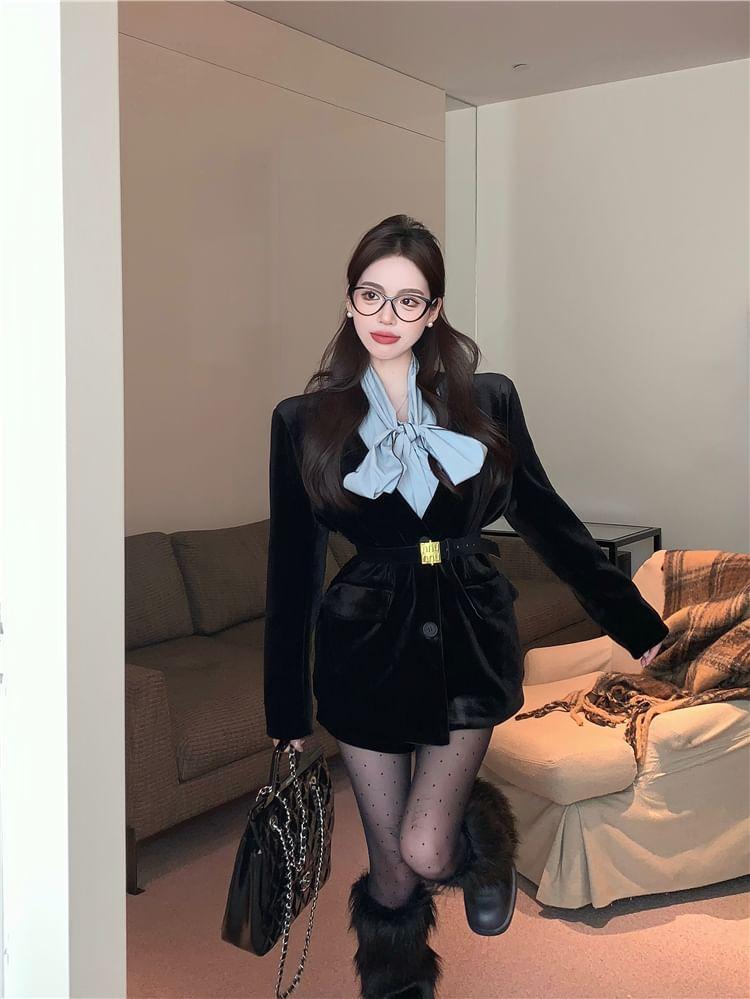 Long-Sleeve Tie-Neck Plain Blouse / Collarless Velvet Single-Breasted Blazer / Elastic Waist Shorts Product Image