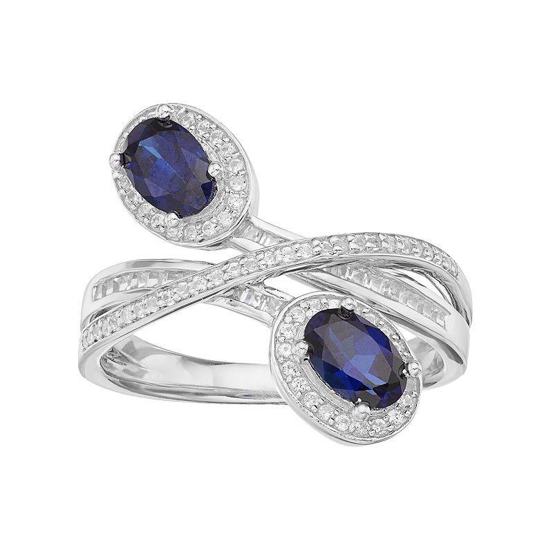 10k White Gold 1/3 Carat T.W. Diamond & Sapphire Oval Halo Bypass Ring, Womens Blue Product Image