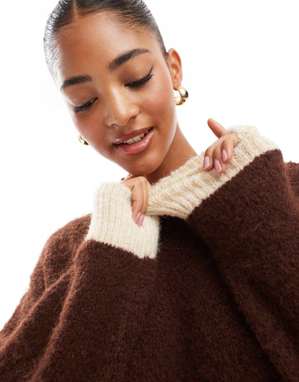 ASOS DESIGN wool blend fluffy knitted sweater in chocolate brown Product Image