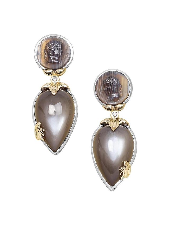 Womens One-Of-A-Kind Botswana Agate, Moonstone, 0.05 TCW Diamond, Sterling Silver & 18K Gold Earrings Product Image