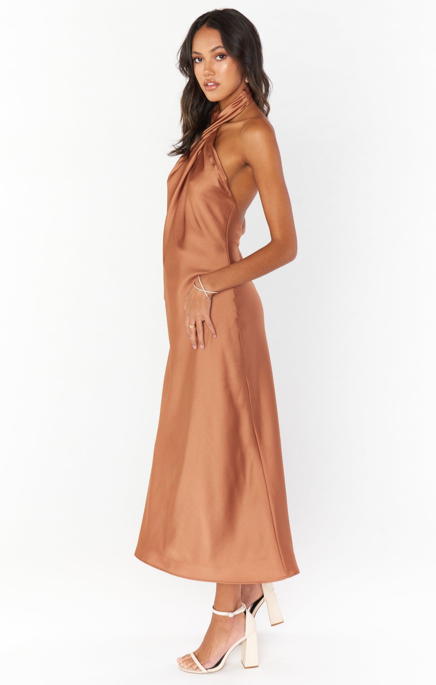 Jasmine Halter Midi Dress ~ Copper Luxe Satin Product Image