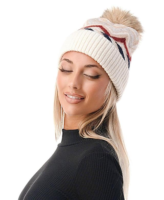 Marcus Adler Womens Chevron Faux Fur Pom Cuff Beanie Product Image