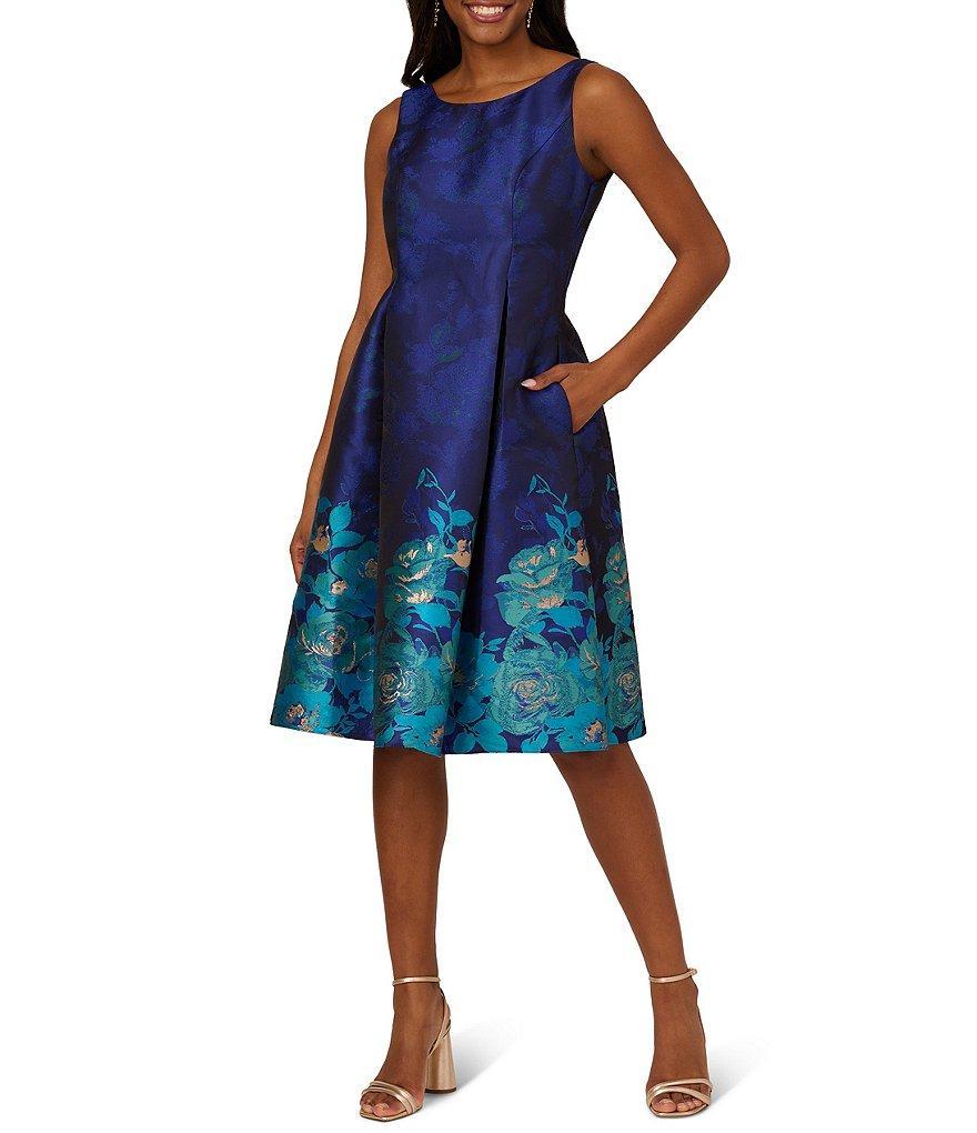 Adrianna Papell Sleeveless Metallic Floral Border Print A-Line Dress Product Image