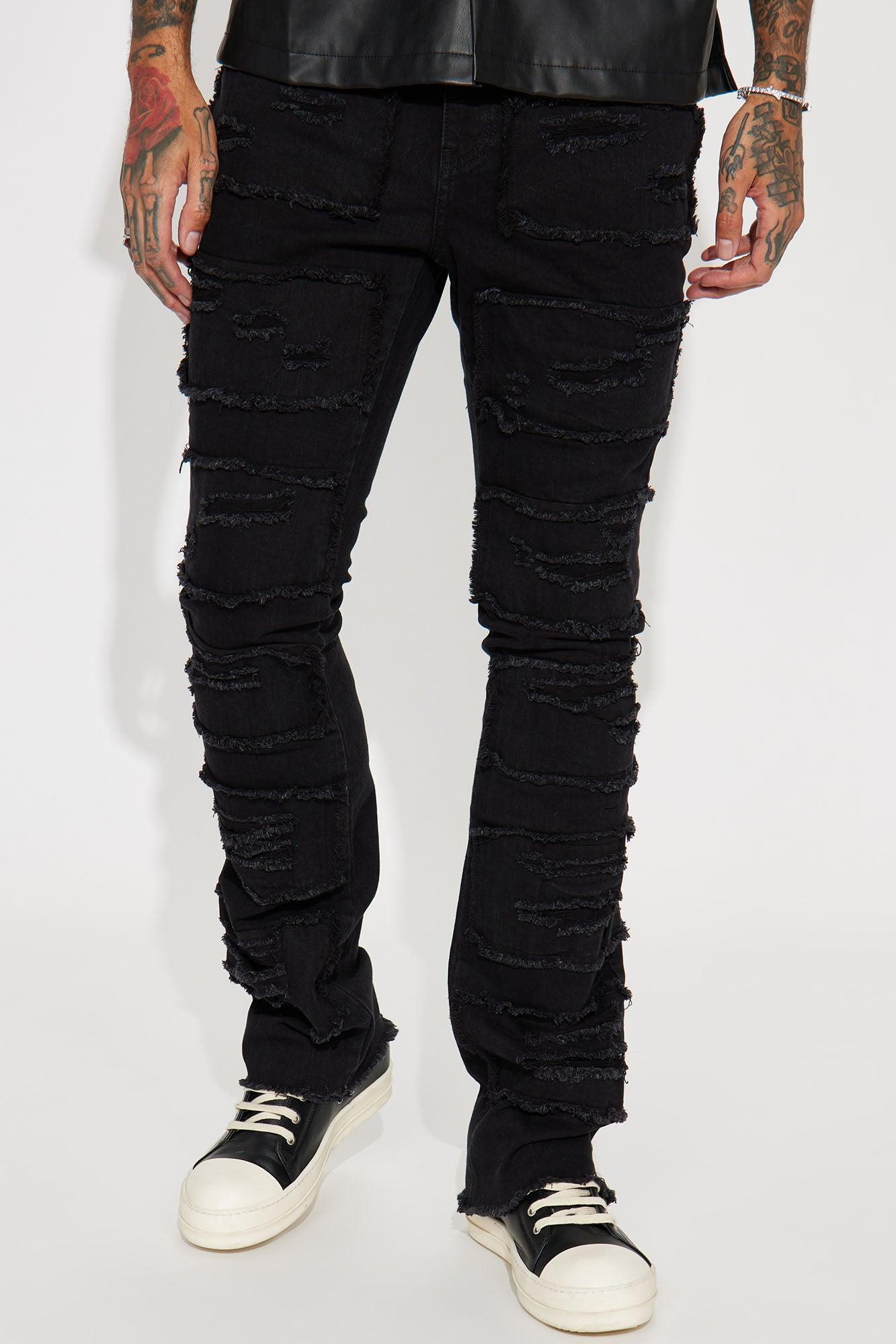 Shredded Stacked Skinny Flared Jeans - Black Wash Product Image