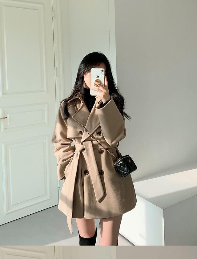 Long Sleeve Lapel Double-Breasted Belted Woolen Blend Coat product image