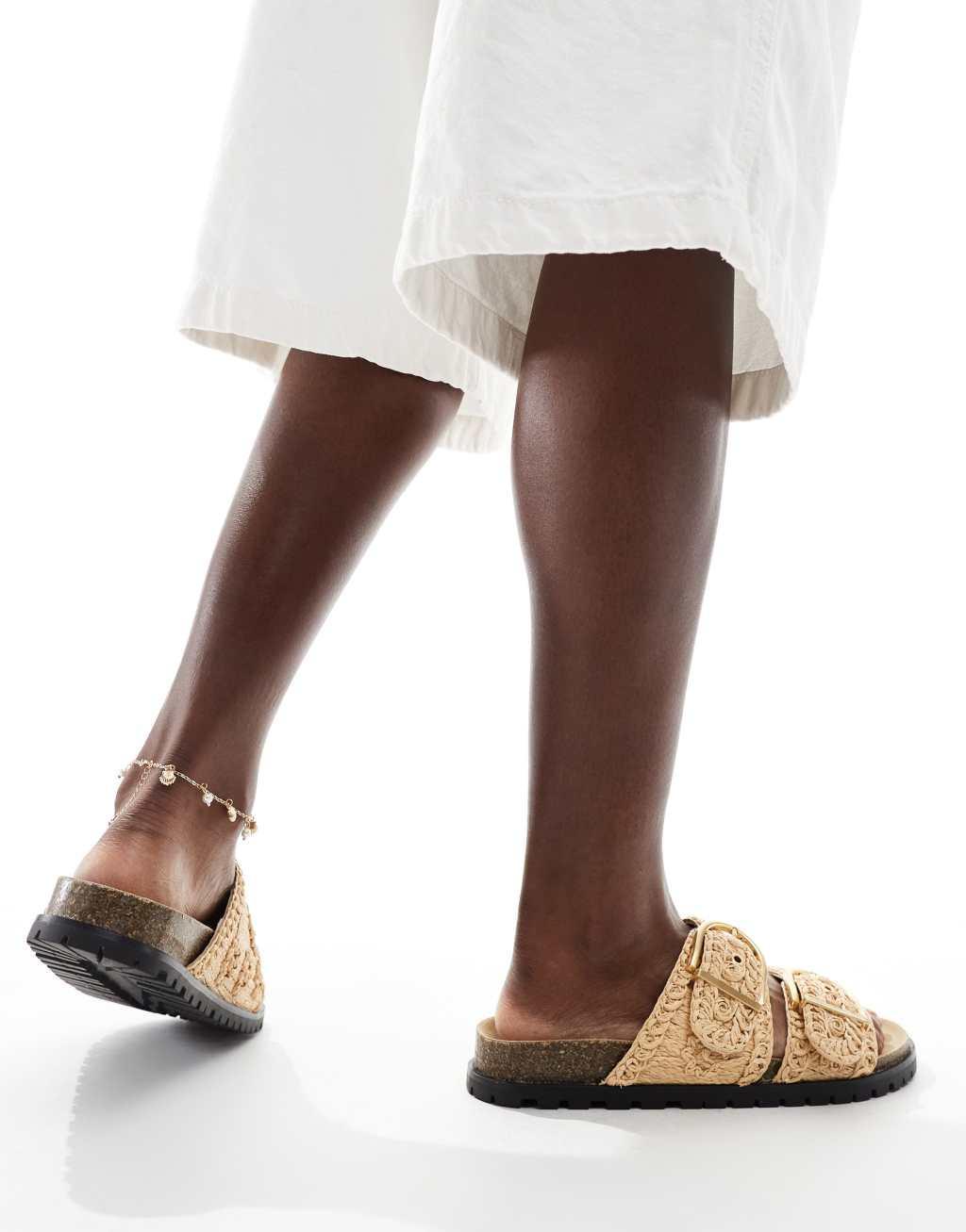 Stradivarius flatform double buckle sandals in beige Product Image