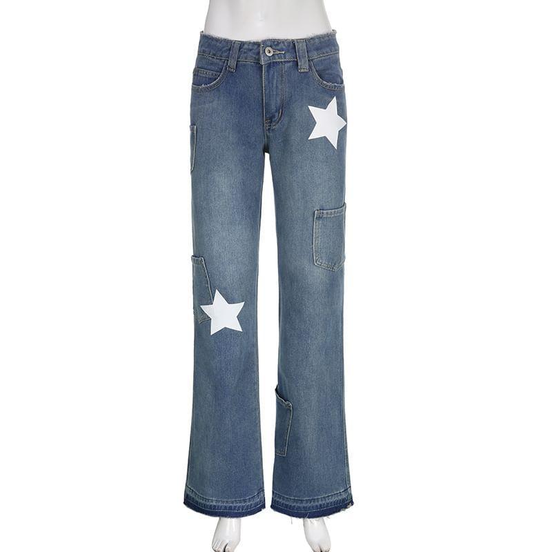 Mid Waist Star Applique Flared Jeans Product Image