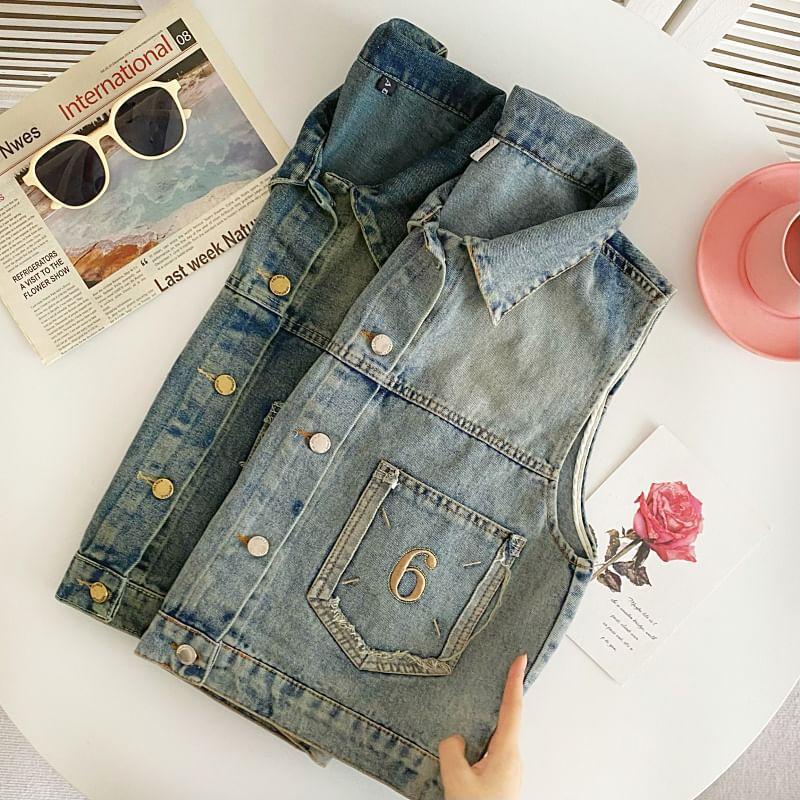 Sleeveless Collared Washed Denim Cropped Vest Product Image