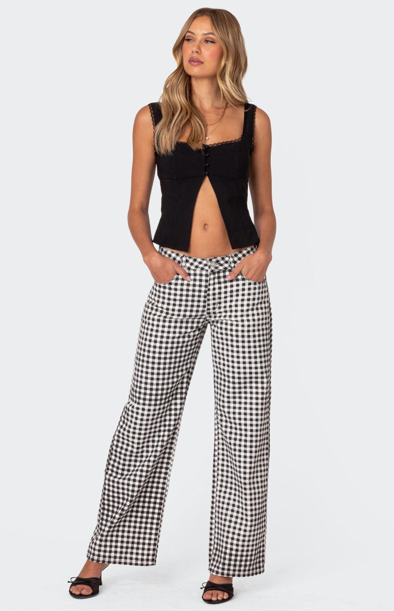 Edikted Women's Gingham Printed Low Rise Pants in Black/White - Product Image