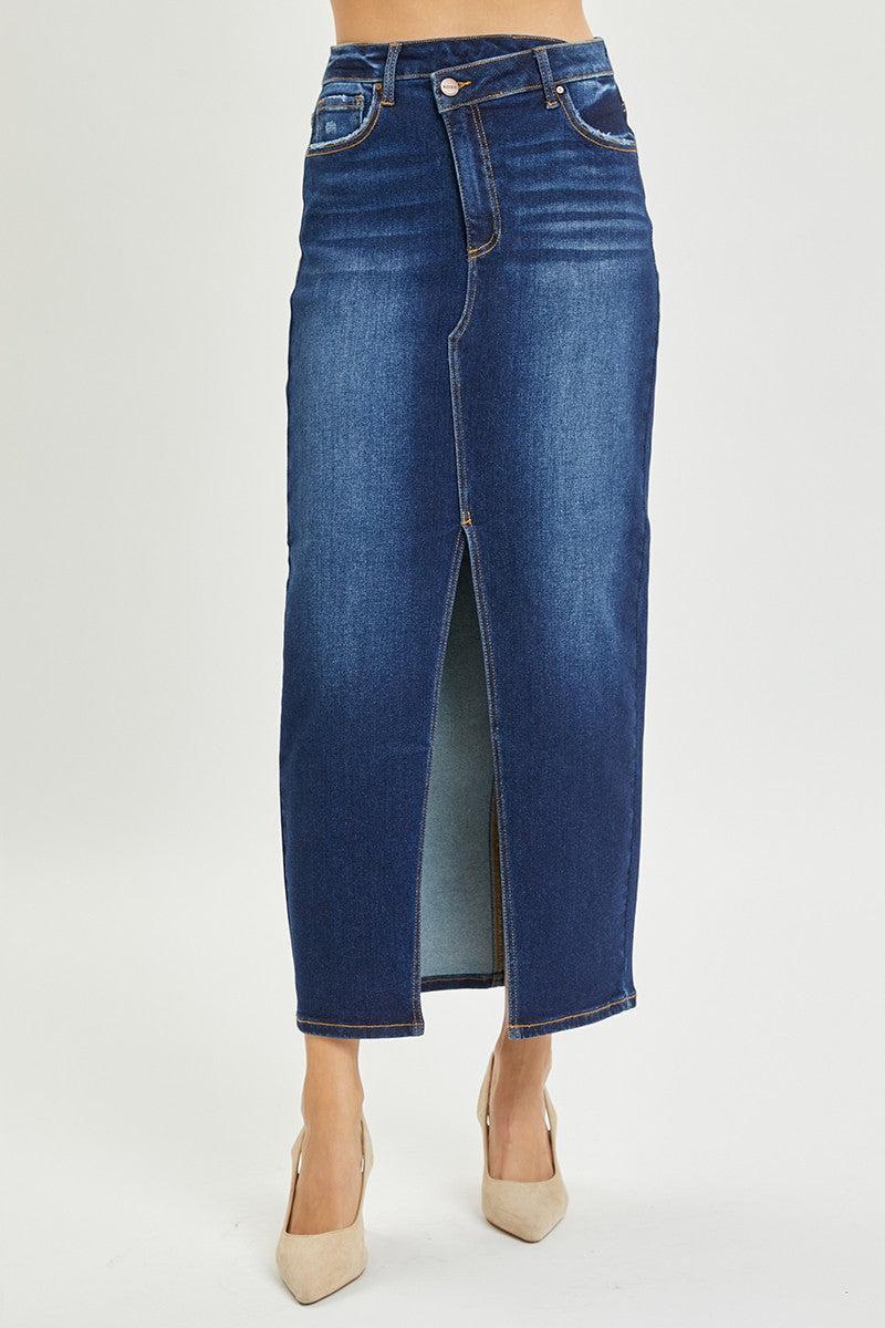 High Rise Crossover Denim Maxi Skirt Product Image