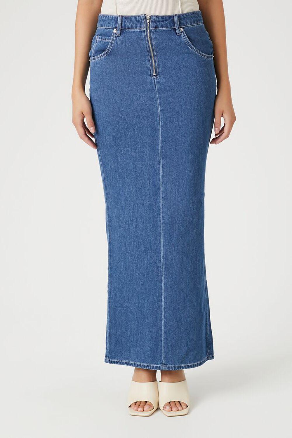 Denim Zip-Front Slit Midi Skirt | Forever 21 Product Image