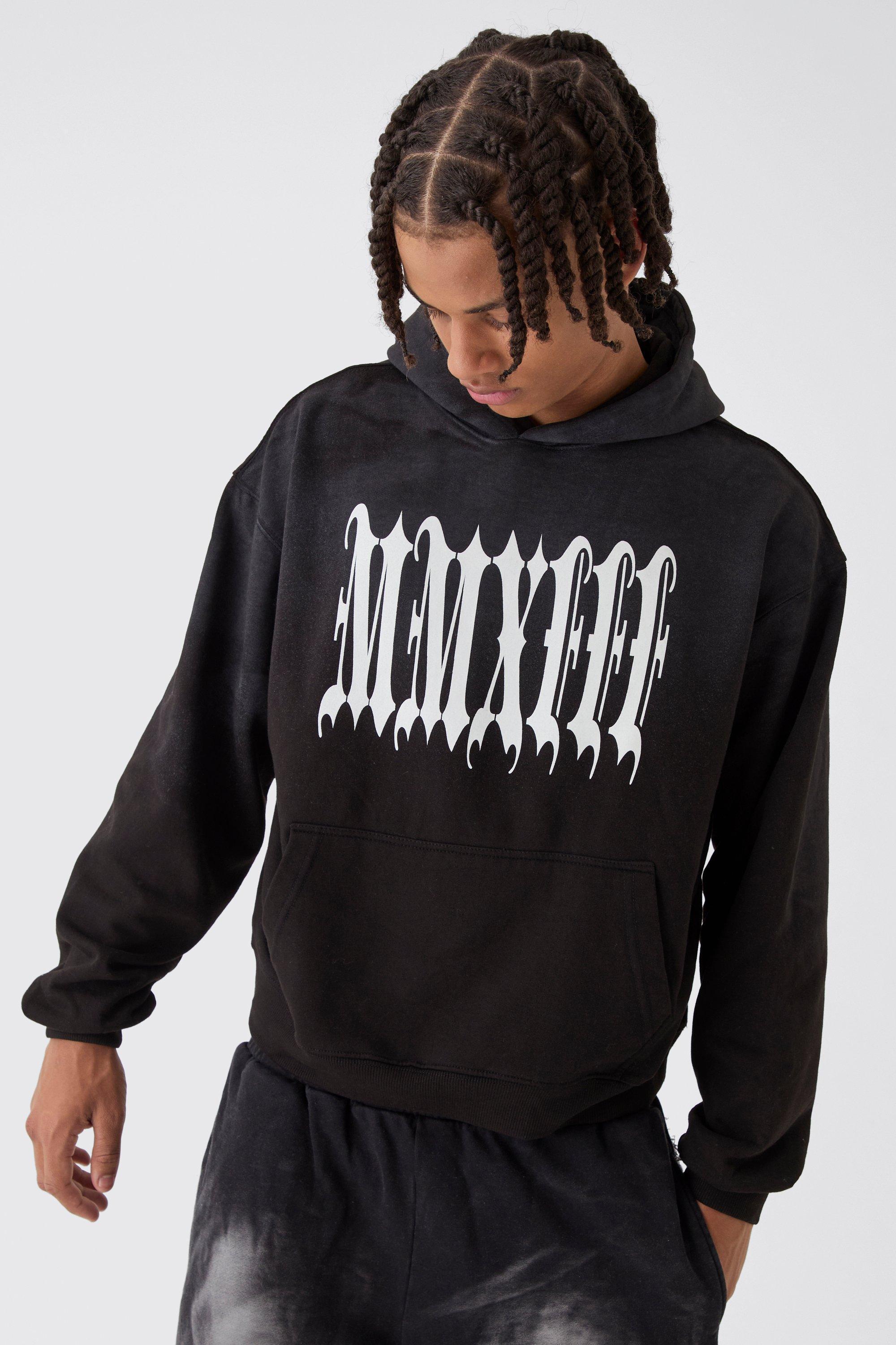 Oversized Boxy Spray Washed Blurred MMXIII Print Hoodie | boohooMAN USA Product Image