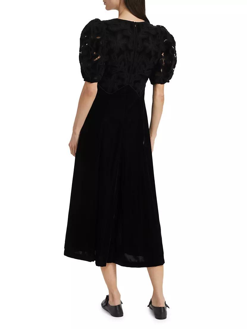 Alice Embroidered Velvet Puff-Sleeve Midi-Dress Product Image