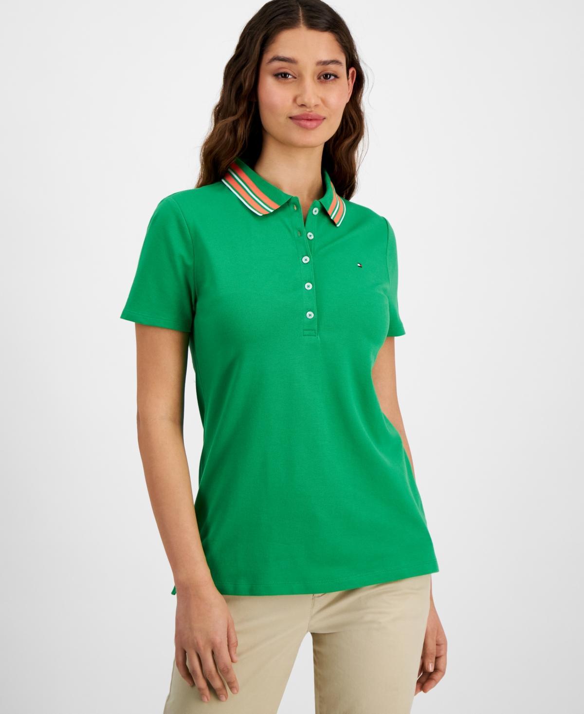 Women's Stripe-Collar Shirt-Sleeve Polo Shirt  Product Image