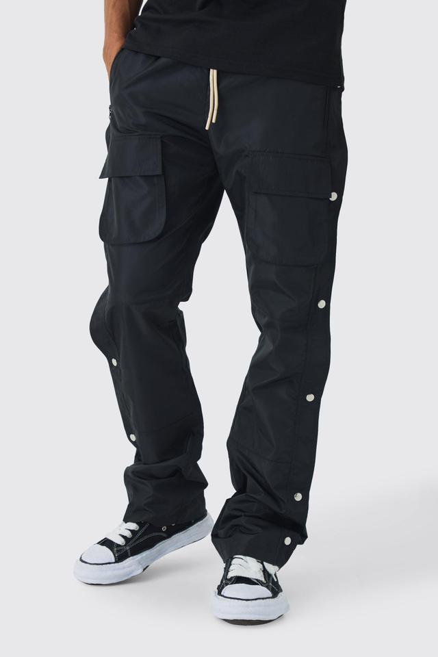 Mens Black Elasticated Waist Slim Flare Stacked Cargo Trousers, Black Product Image