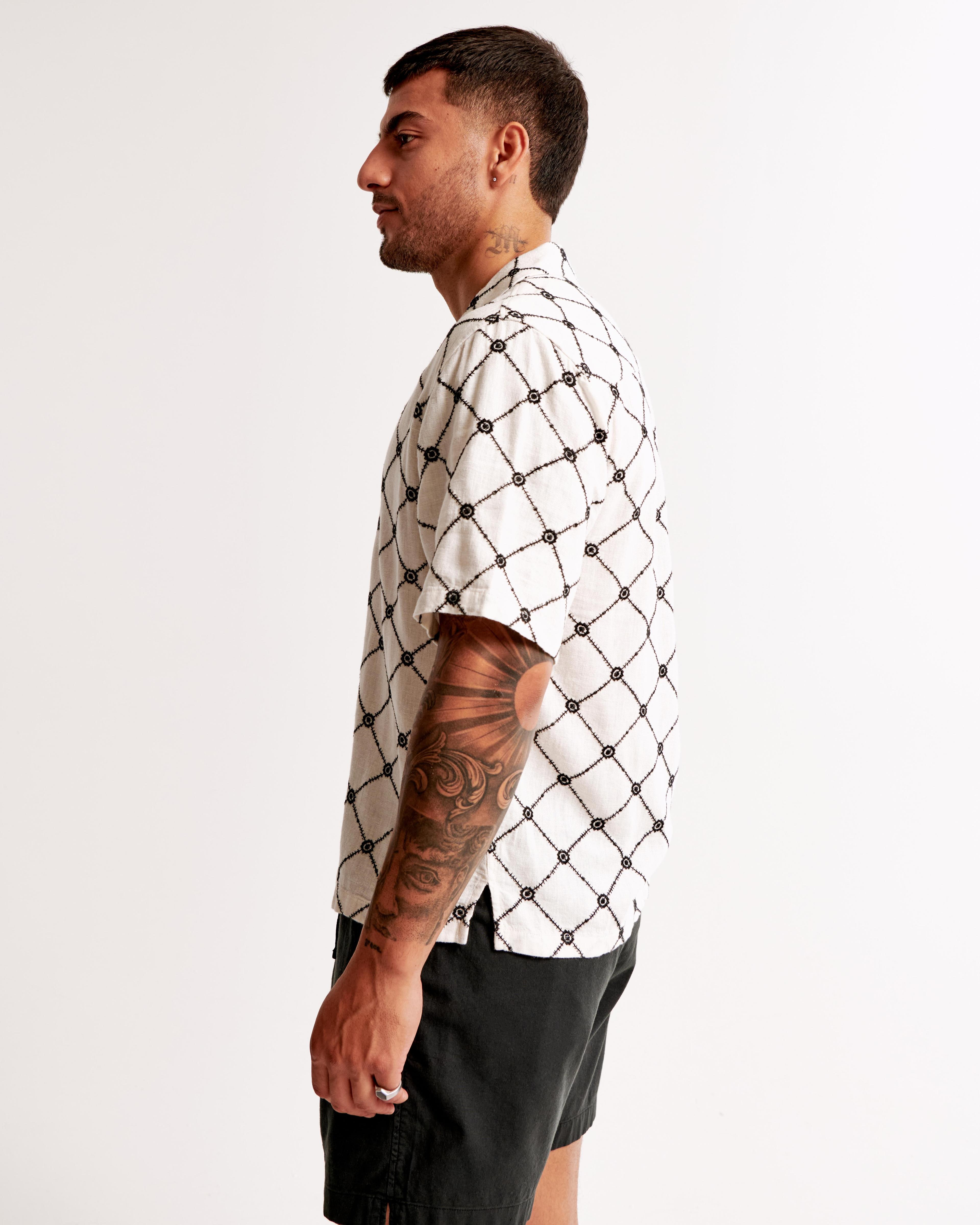 Camp Collar Summer Linen-Blend Embroidered Shirt Product Image