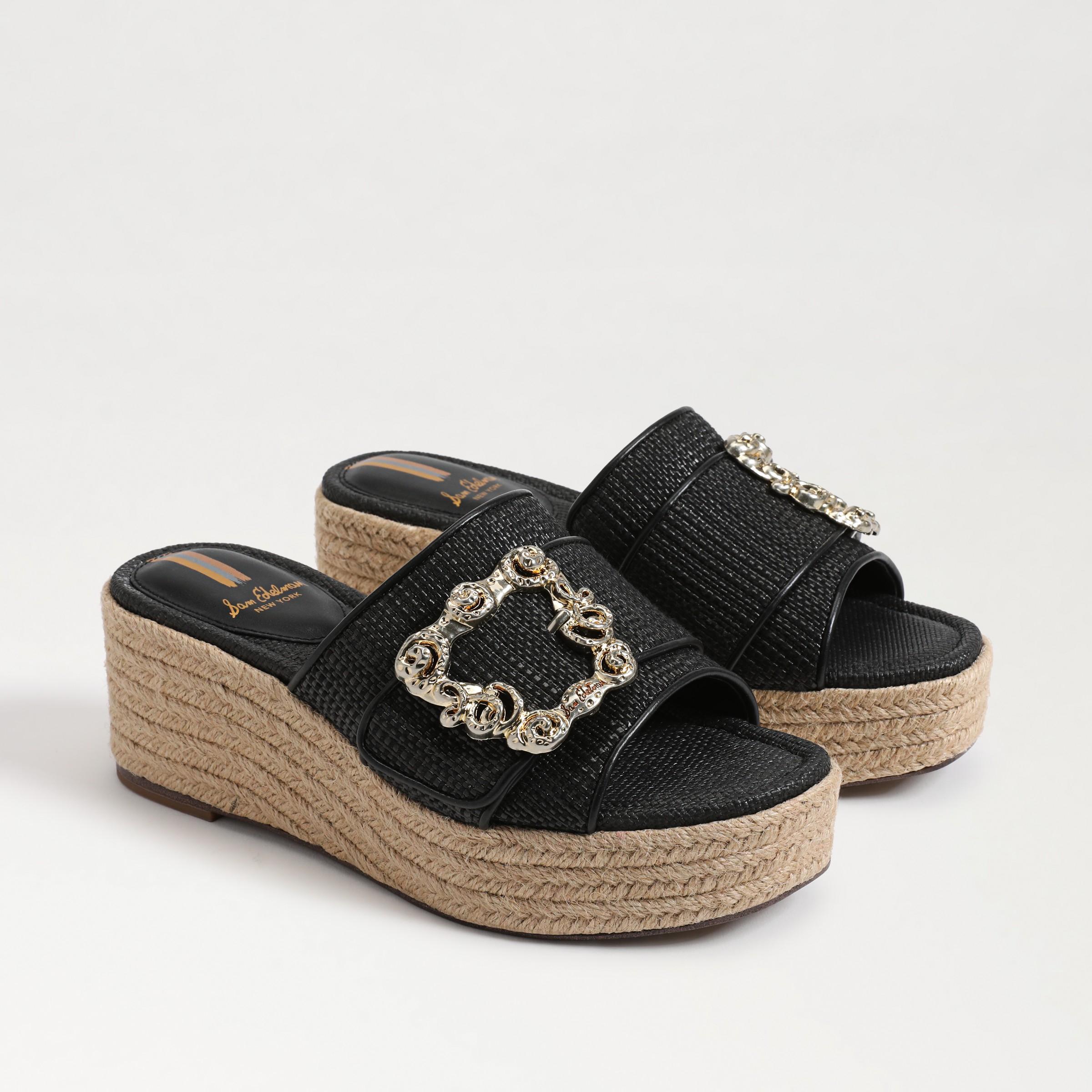 Sam Edelman Celia Raffia Embellished Buckle Detail Platform Wedge Espadrille Slide Sandals Product Image