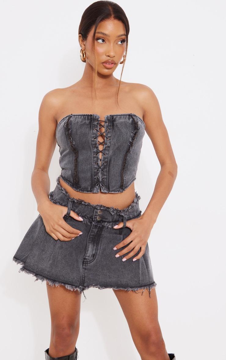 Washed Black Distressed Edge Lace Front Denim Corset Top Product Image