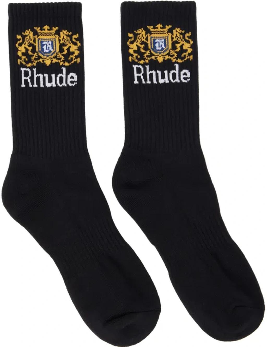 RHUDE Black Crest Logo Socks In 1171 Black/white/yellow Product Image