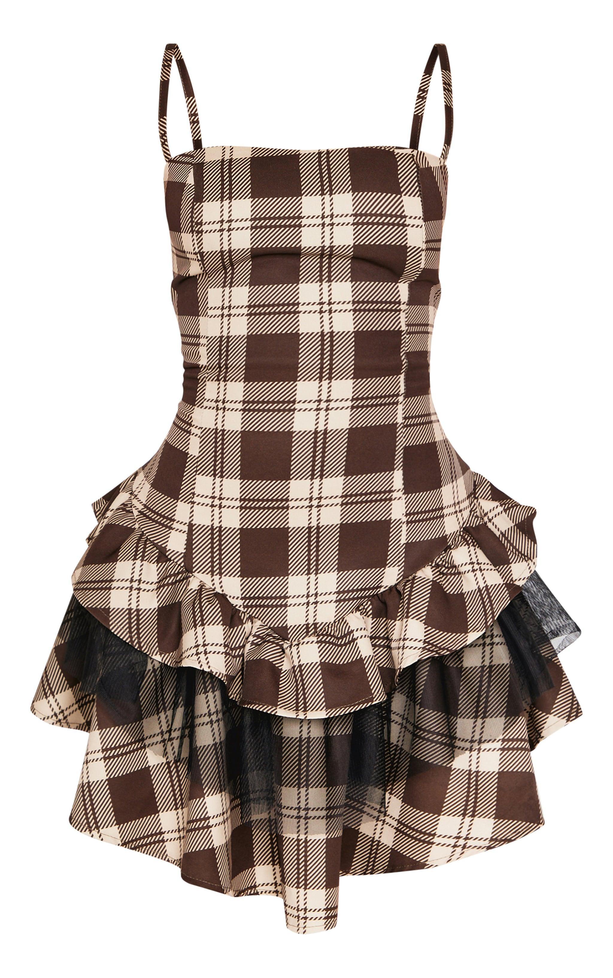 Petite Brown Check Strappy Rara Mini Dress Product Image