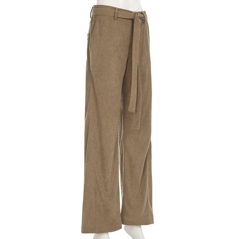 High Waist Plain Corduroy Wide Leg Pants With Belt Product Image