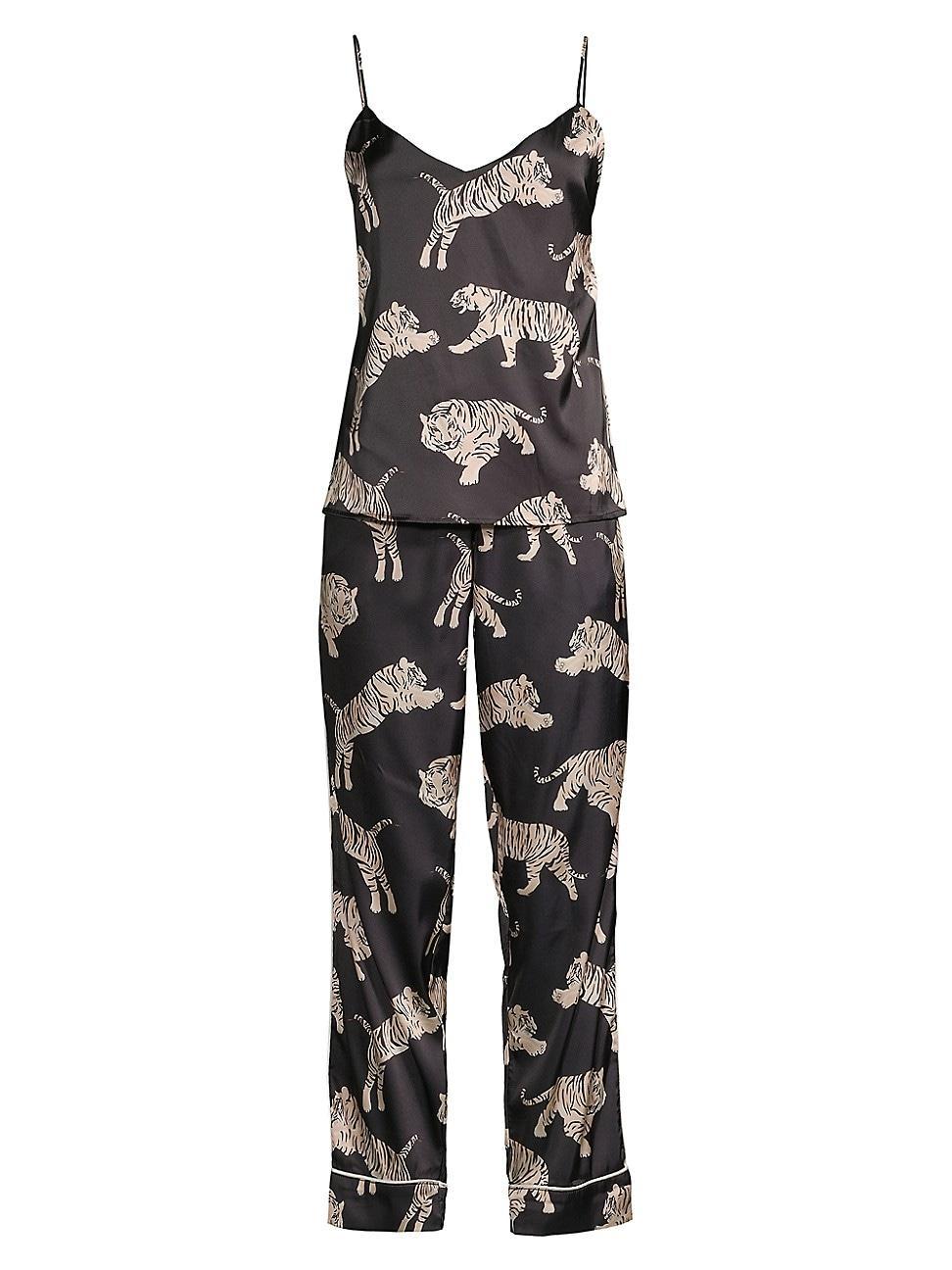 Womens Sierra 2-Piece Tiger-Print Satin Pajama Set Product Image