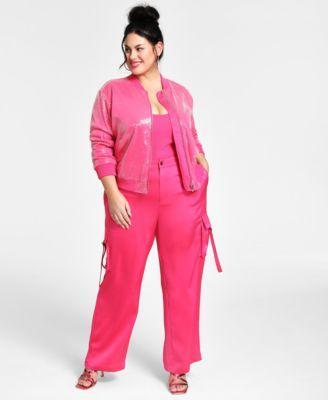 Trendy Plus Size Sequined Bomber Jacket, Tank Top & Pants  Product Image