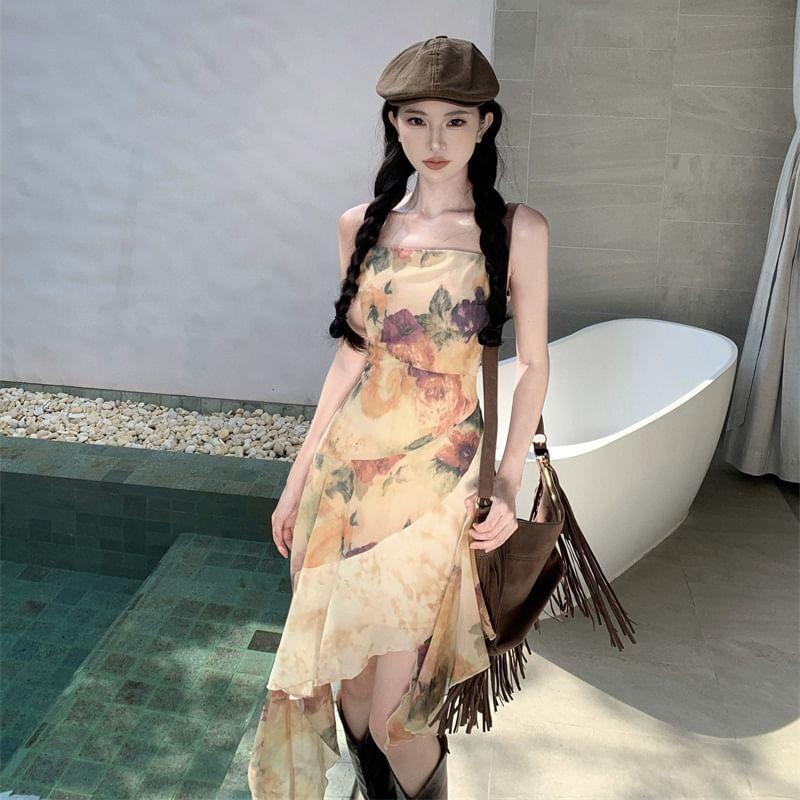 Spaghetti Strap Floral Asymmetrical A-Line Dress Product Image