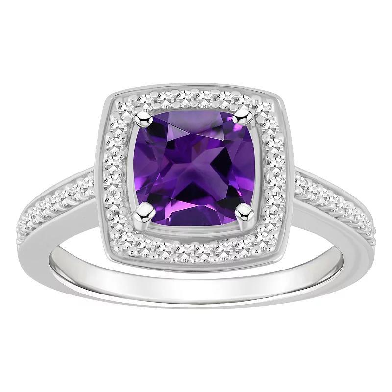 Celebration Gems Sterling Silver 7 mm Cushion Gemstone & 1/4 Carat T.W. Diamond Halo Ring, Womens Purple Product Image