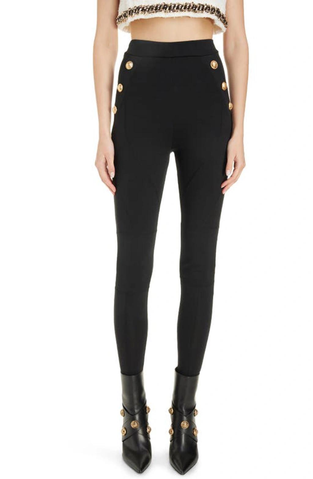 BALMAIN 6-button Metallic-edge Knit Stirrup Leggings In Black Product Image