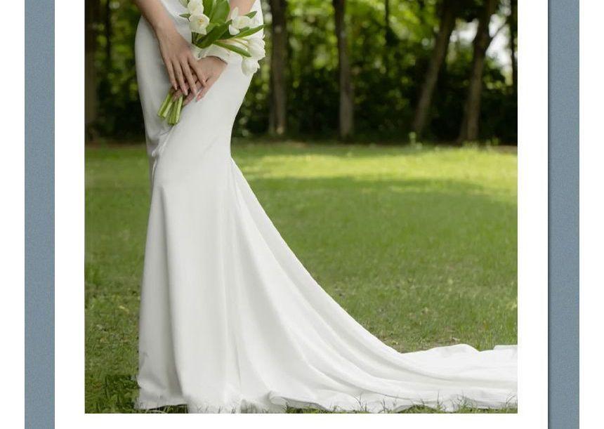 Short-Sleeve Off Shoulder Plain Ruched Mermaid Wedding Gown Product Image