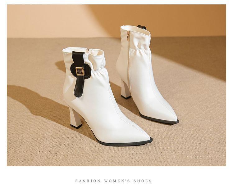 Chunky Heel Pointed Toe Ruched Zip-Up Faux Leather Short Boots Product Image