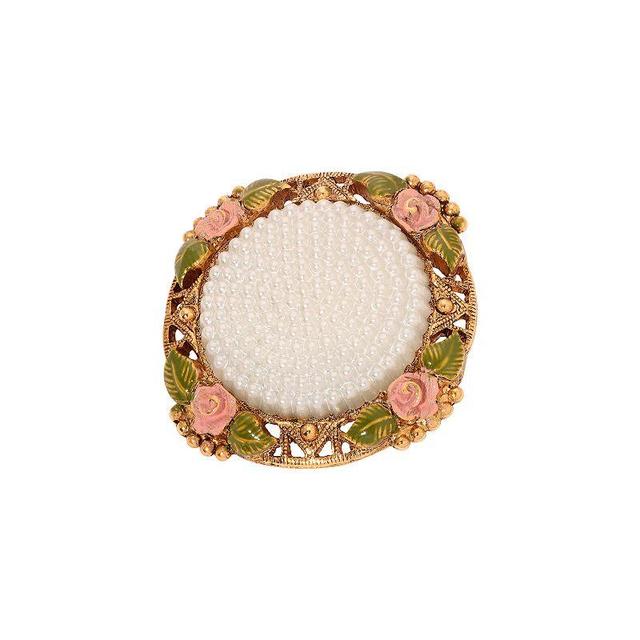 1928 Gold Tone Simulated Pearl Pink Flower Round Brooch, Womens Product Image