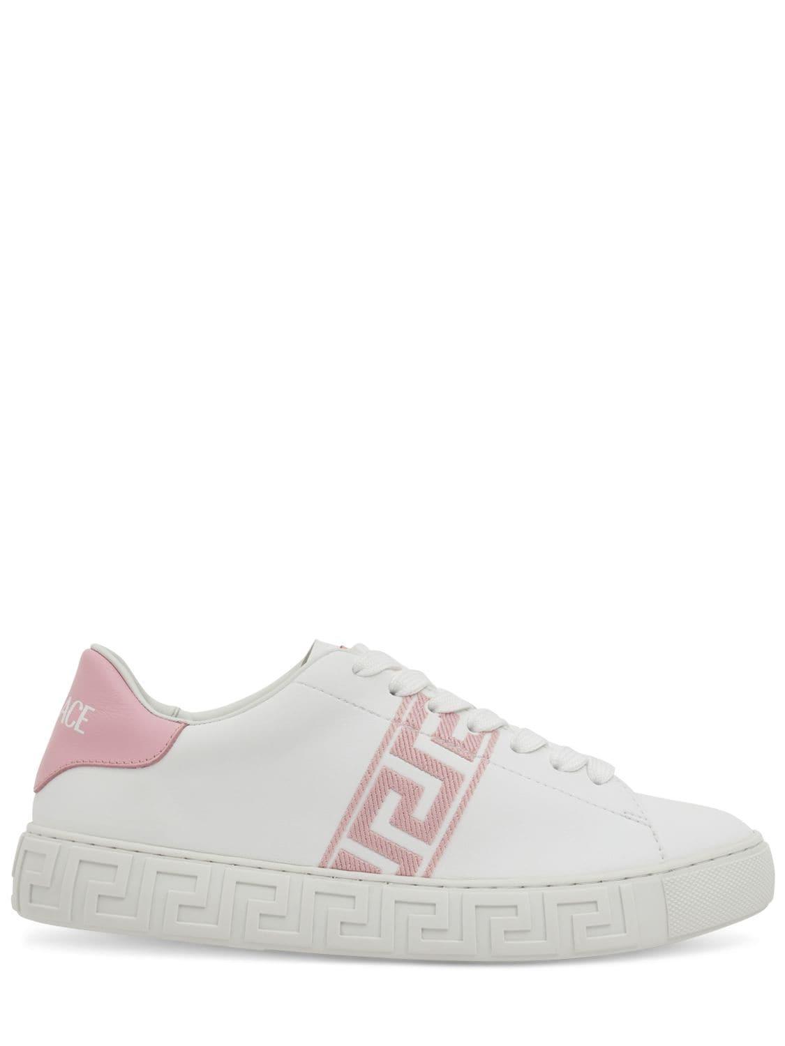 VERSACE Embroidered Faux Leather Sneakers In White,english Rose Product Image