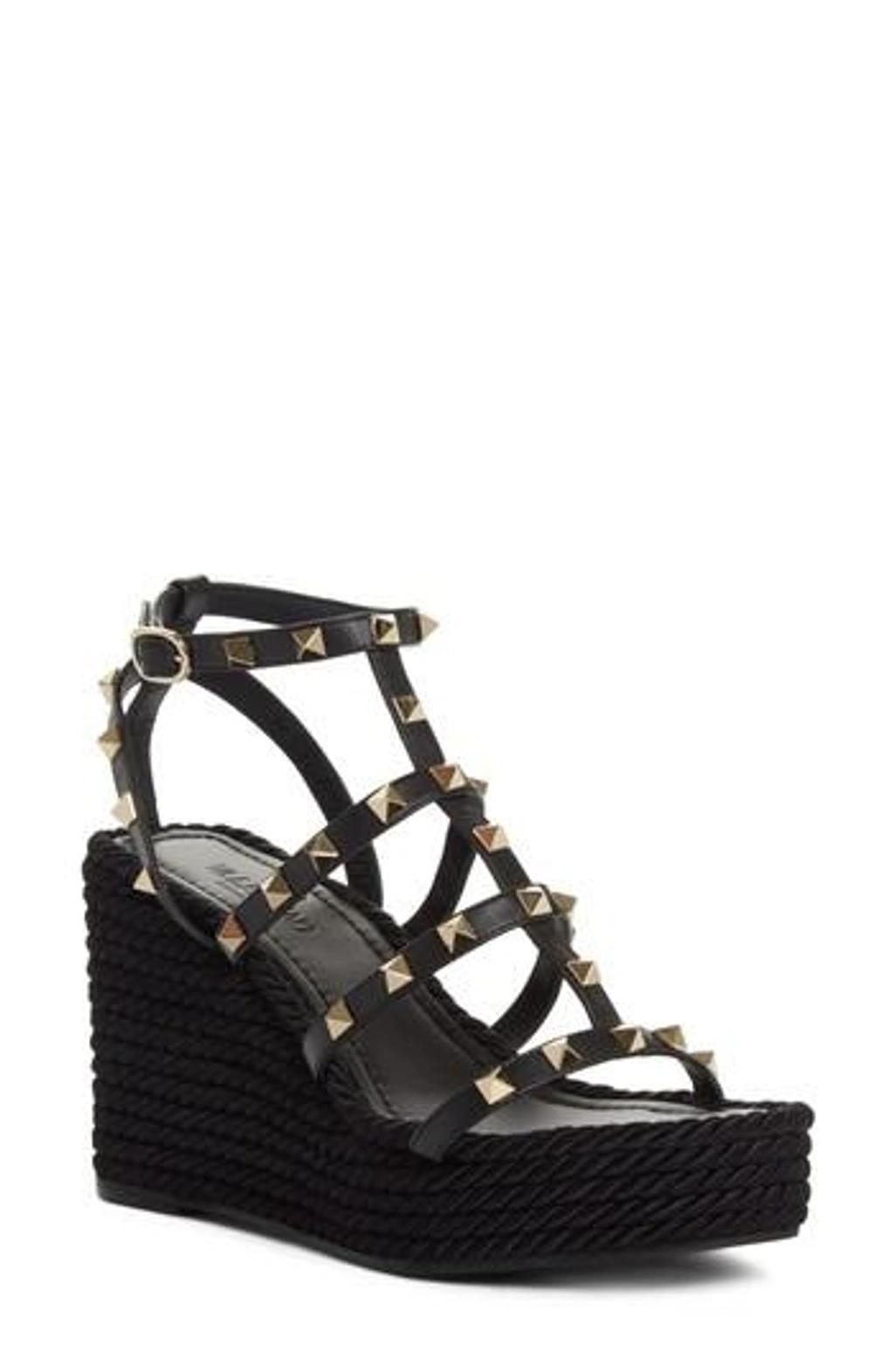 Rockstud Metallic Leather Wedge Espadrilles In Black Product Image