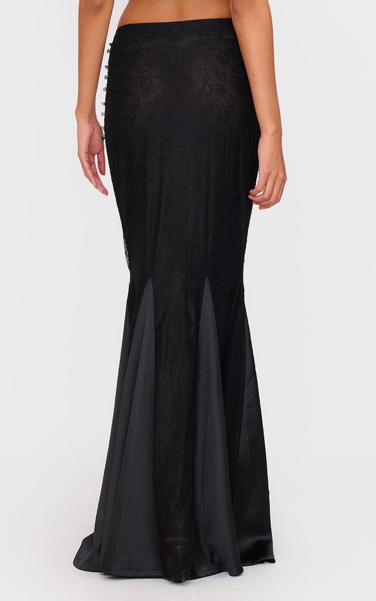 Black Premium Lace Satin Hem Detail Fishtail Maxi Skirt Product Image