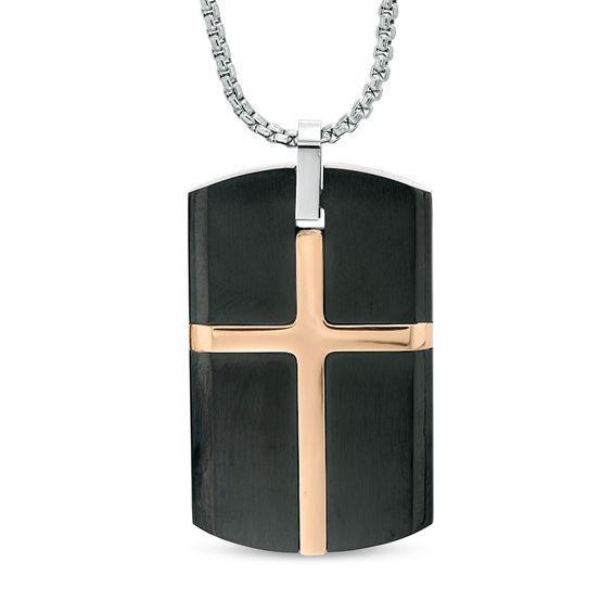 Men's Cross Dog Tag Pendant in Two-Tone Stainless Steel - 24" Product Image