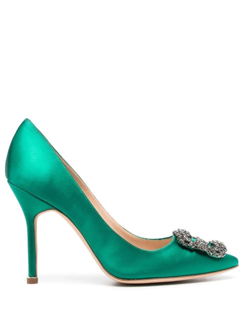 MANOLO BLAHNIK 105mm Hangisi Swarovski Silk Satin Pumps In Green Product Image