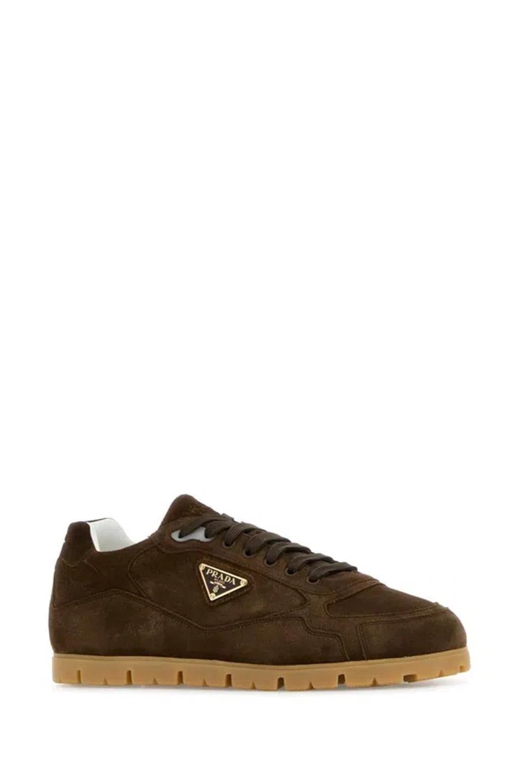 PRADA Faded Suede Sneakers In Dark Brown Product Image