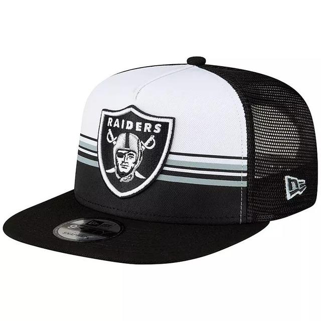 Mens New Era White/Black Las Vegas Raiders Striped A-Frame 9FIFTY Trucker Snapback Hat Product Image