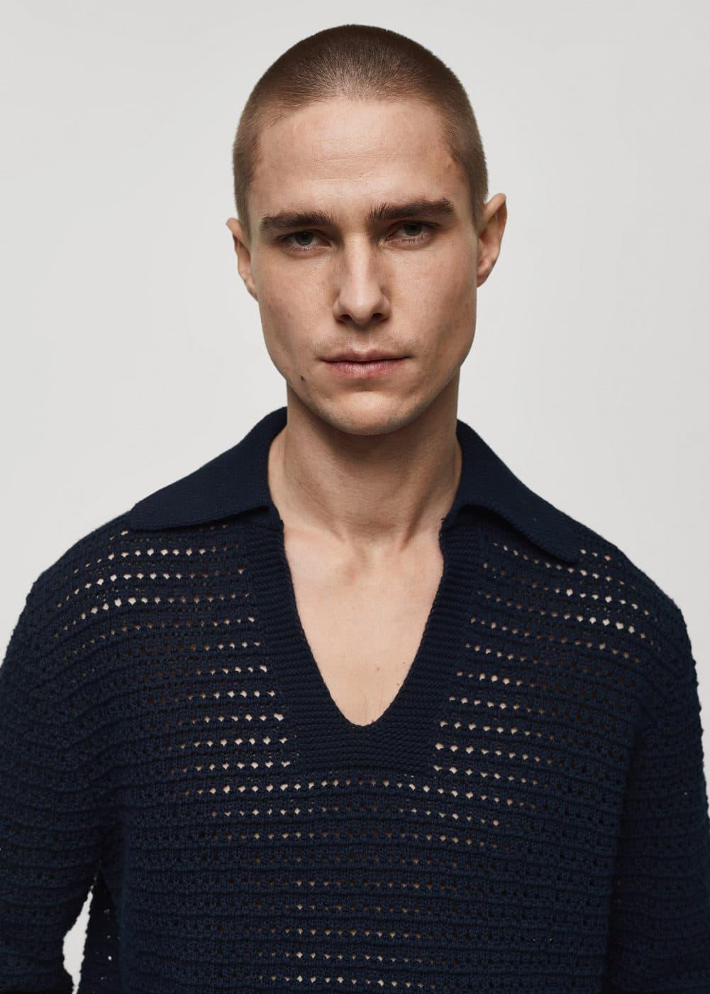 MANGO MAN - Openwork knit polo neck sweater dark navyMen Product Image