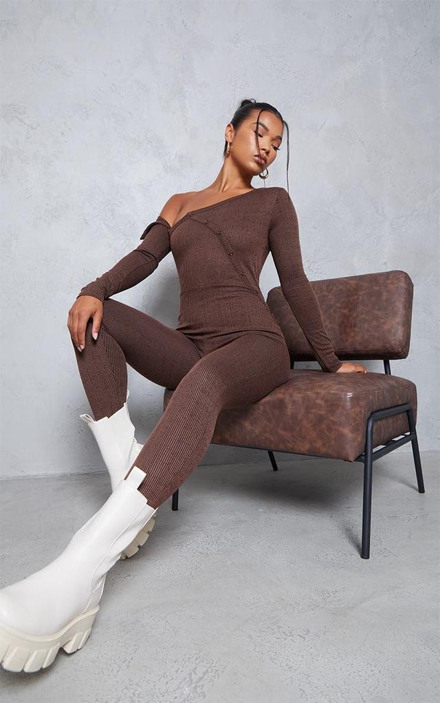 Chocolate Rib Bardot Button Detail Jumpsuit Product Image