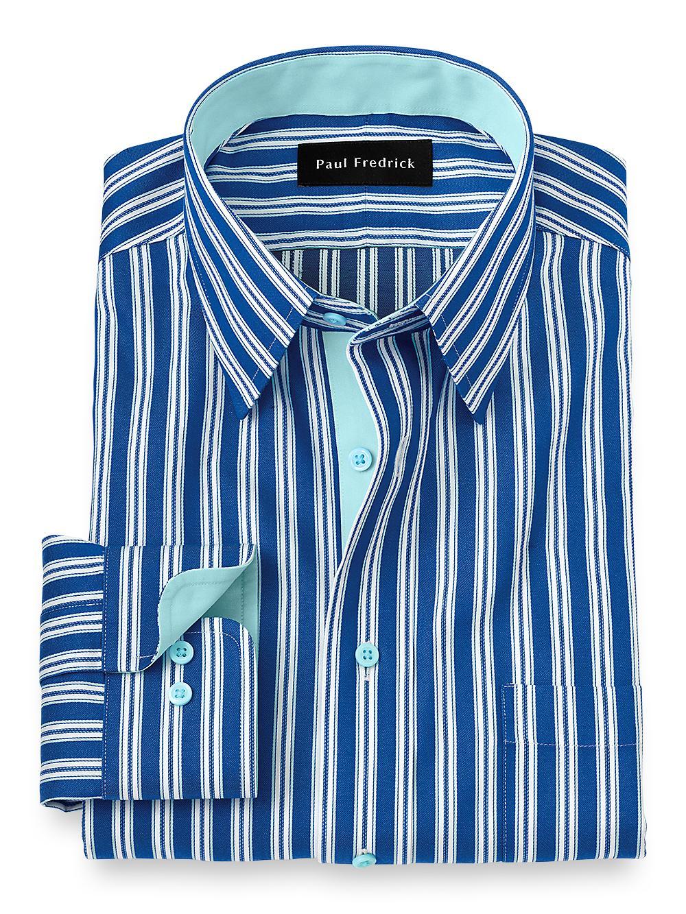 Non-Iron Cotton Stripe Dress Shirt With Contrast Trim - Blue/seafoam Product Image